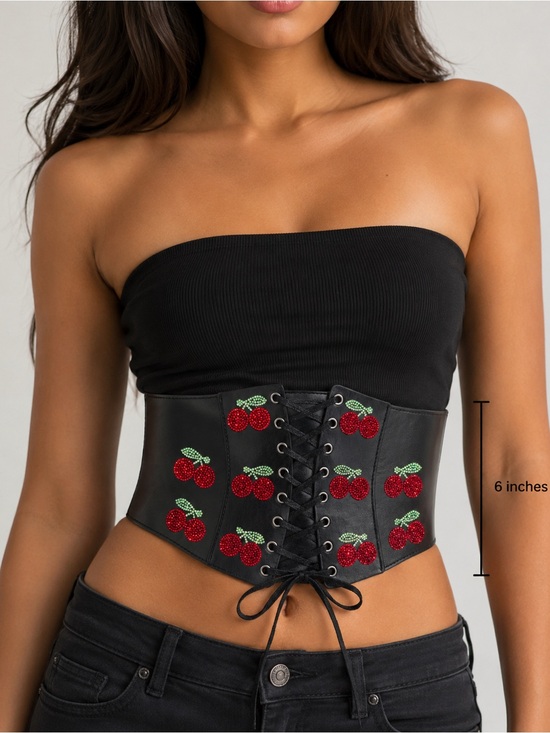 Accessories - Cherry Rhinestone Lace-Up Waist Corset Belt 🍒✨ Size S/M NWT